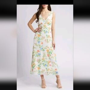 Wayf Green Orange Blue Pink Floral V Neck Midi Small NWT Summer Pretty Dress